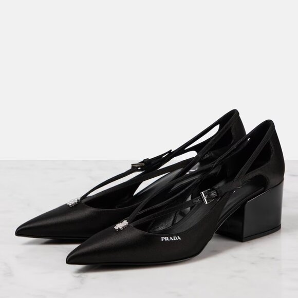 PRADA Pointed Toe Cutout Cut Out Block Heel Crystal Satin Leather Pumps - Picture 3 of 16
